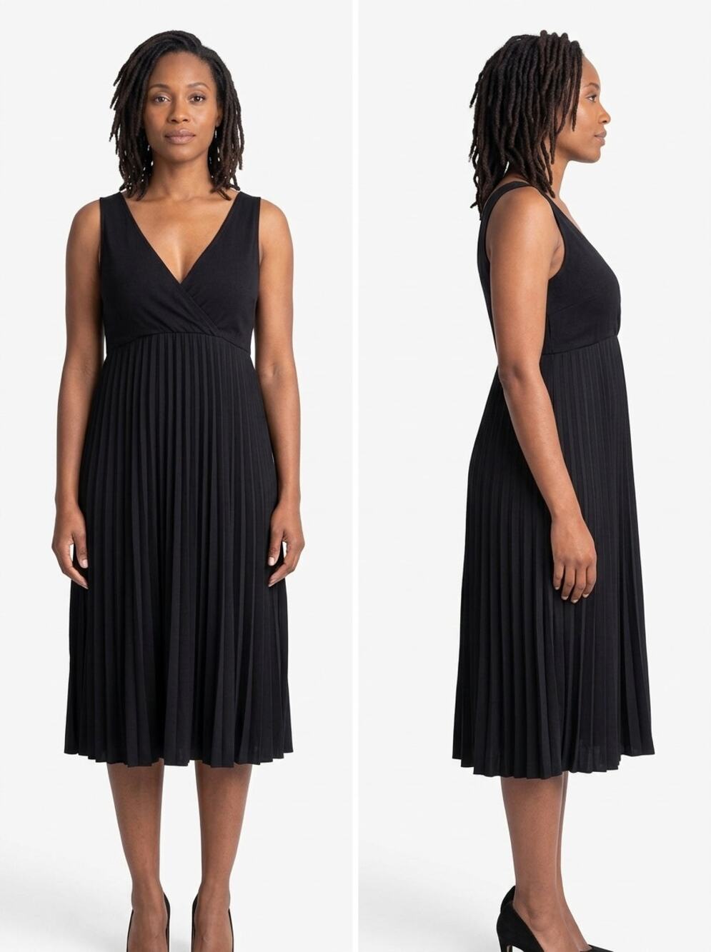 Seraphine Luxe Black Pleated Empire Waist V-Neck Midi Dress Women Size 10